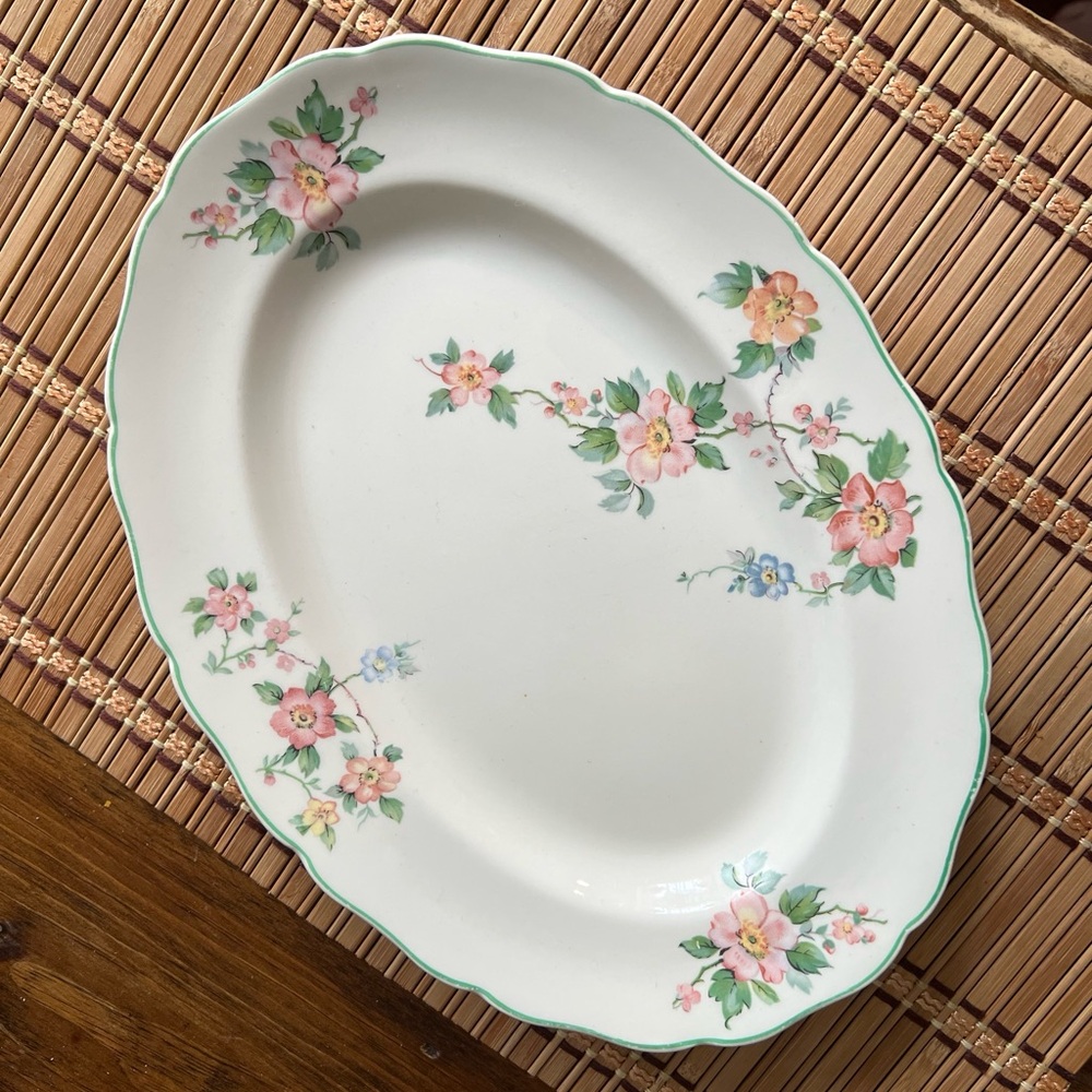 Vintage Floral Oval Platter with Pink and Green Accents